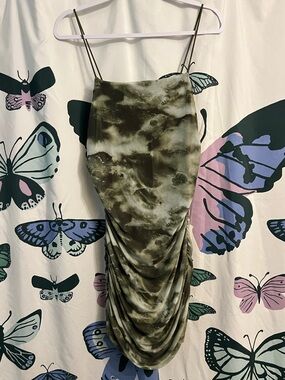 Olive Tie-Dye Ruched Slip Dress